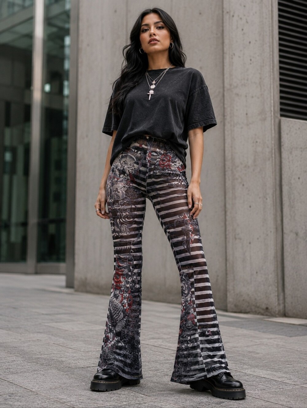 Blush Mark Y2K Tattoo Print Mesh Flare Pants XL Dragon Rose